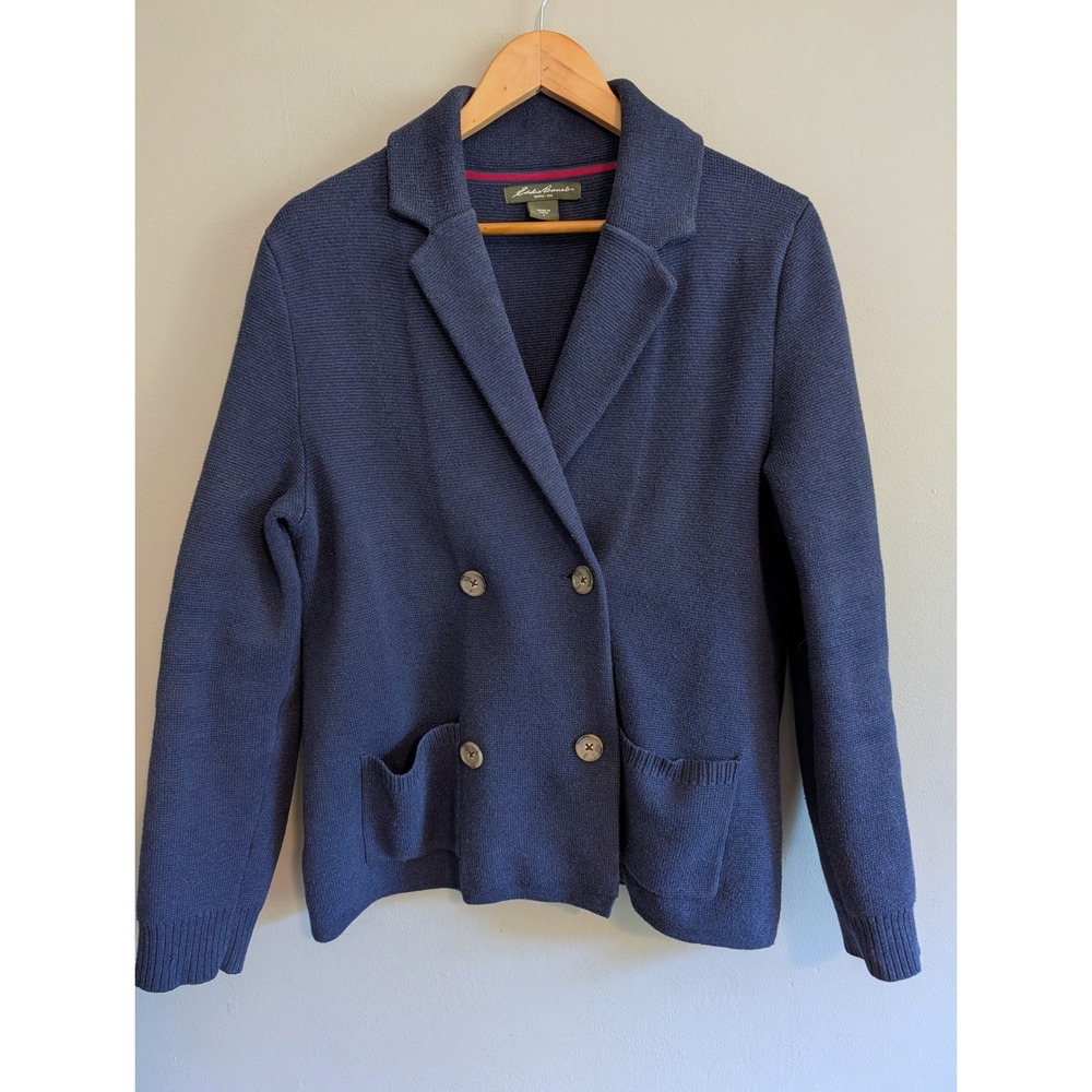 Eddie Bauer Womens Navy Blue Cotton Double Breasted Cardigan Sweater Blazer L